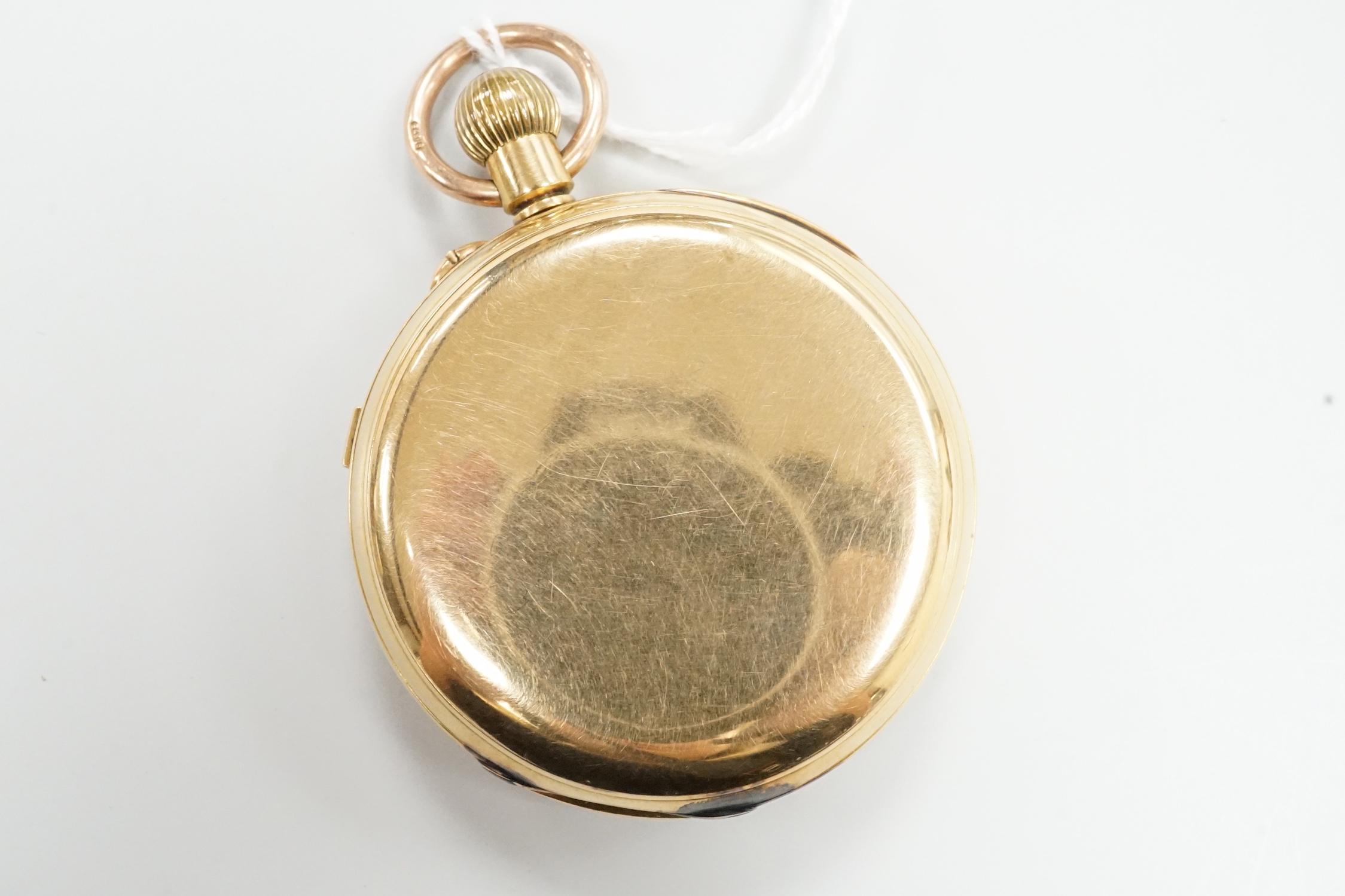 A late Victorian 18ct gold open faced chronograph keyless pocket watch, with Roman dial, the three quarter plate movement numbered 138791, case diameter 52mm